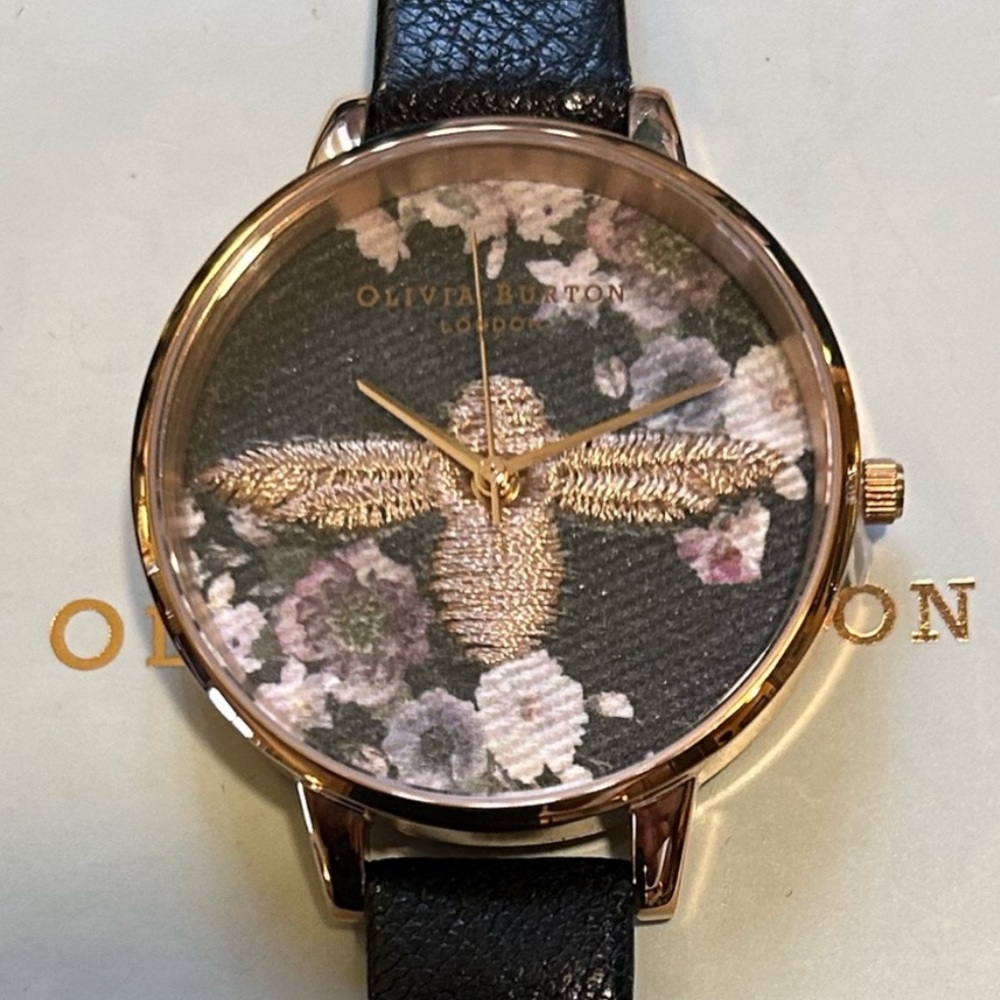 OLIVIA BURTON WATCH WITH 38MM EMBROIDED BEE FACE & BLACK LEATHER BAND